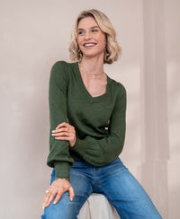Merino-Pullover mit V-Ausschnitt LA VICTORIA Olivgrün