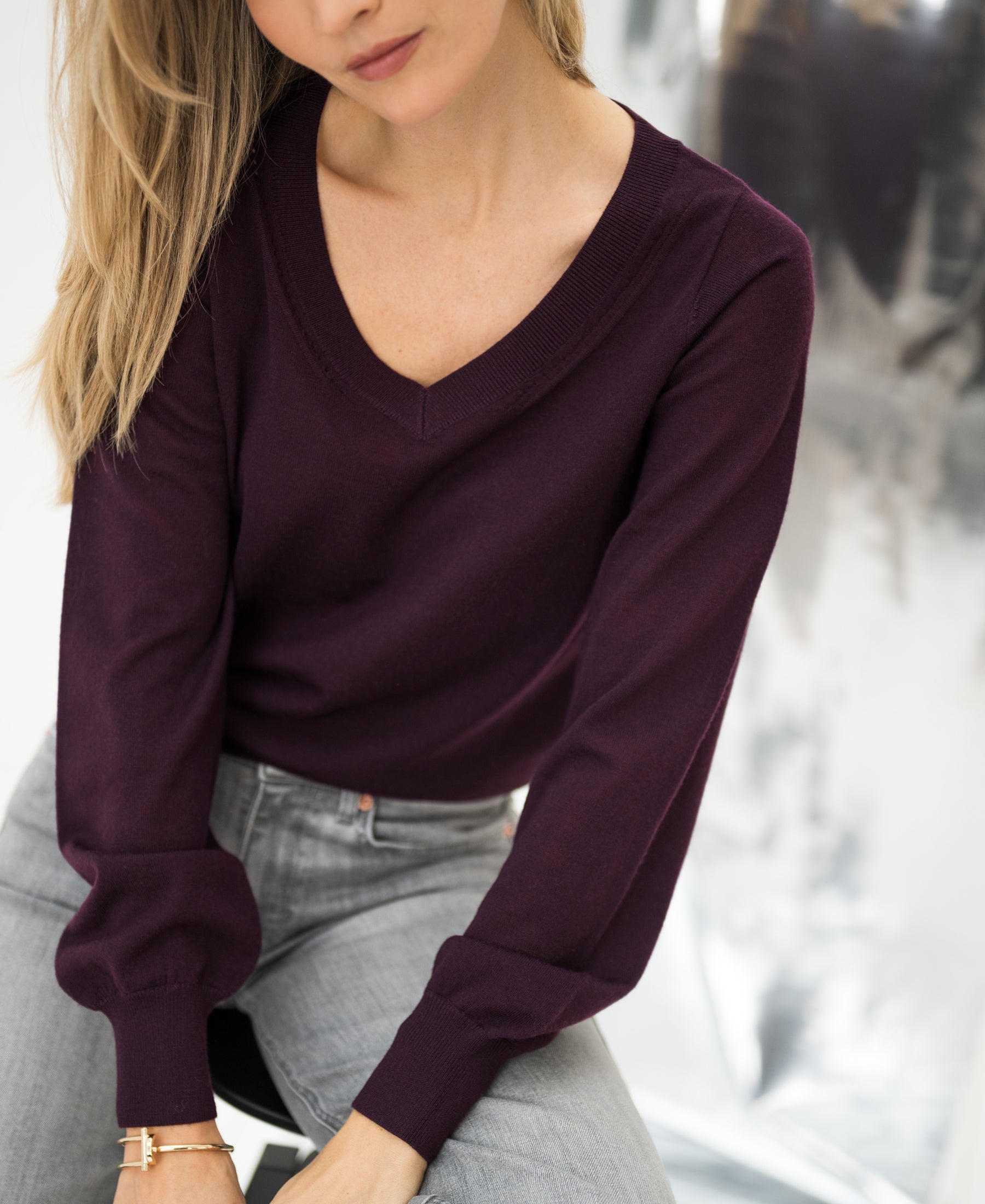 Merino V-hals trui LA VILLE Aubergine