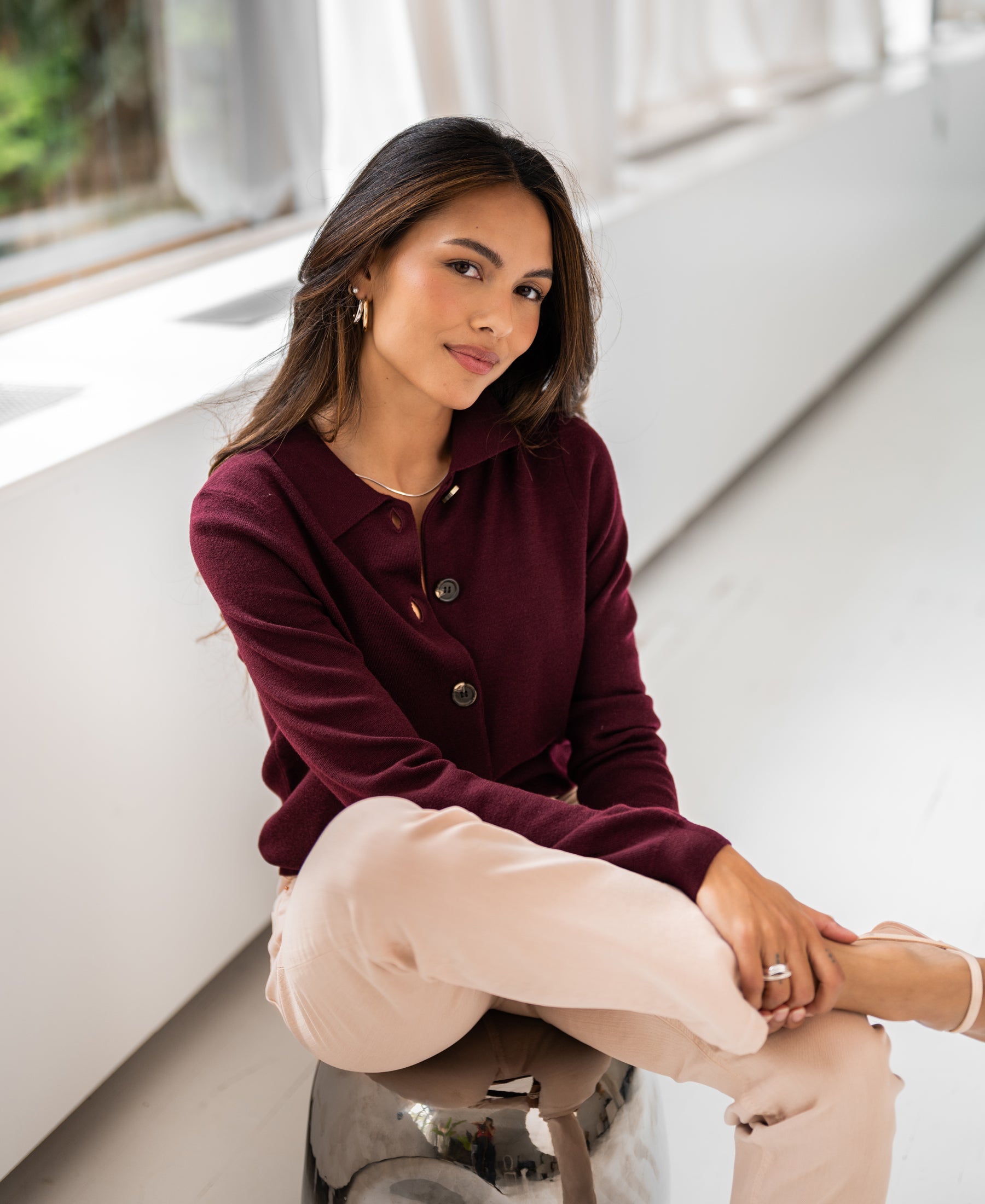 Bordeaux red polo collar vest by PLEIN PUBLIQUE, shown indoors facing the camera.