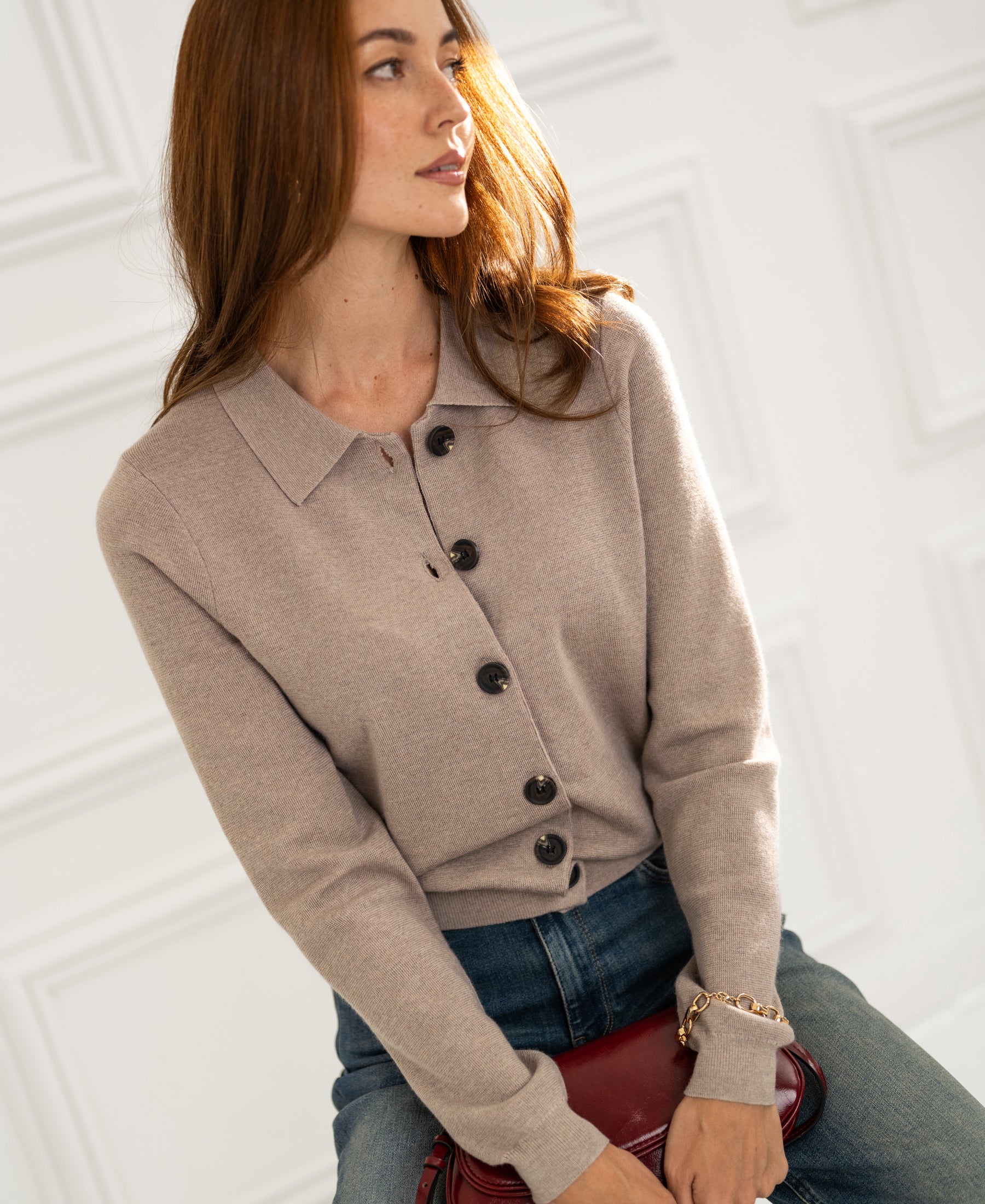 LES VINGT Polo-Collar Cardigan, Light Sand