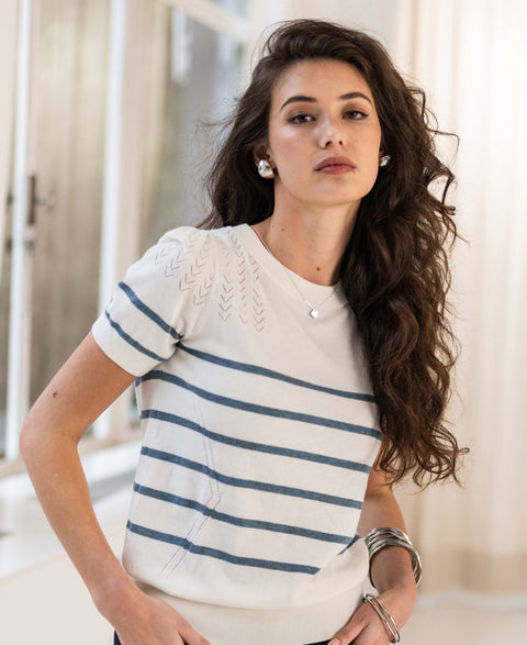 Striped sweater LA ZOE Ivory - Denim blue