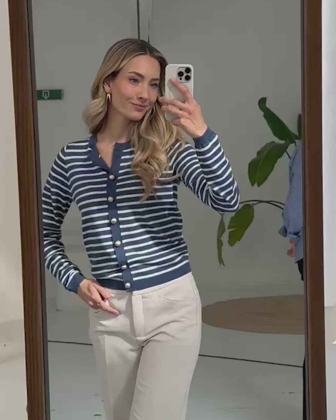 Gestreifter Cardigan LA MONACO Denimblau-Ivory