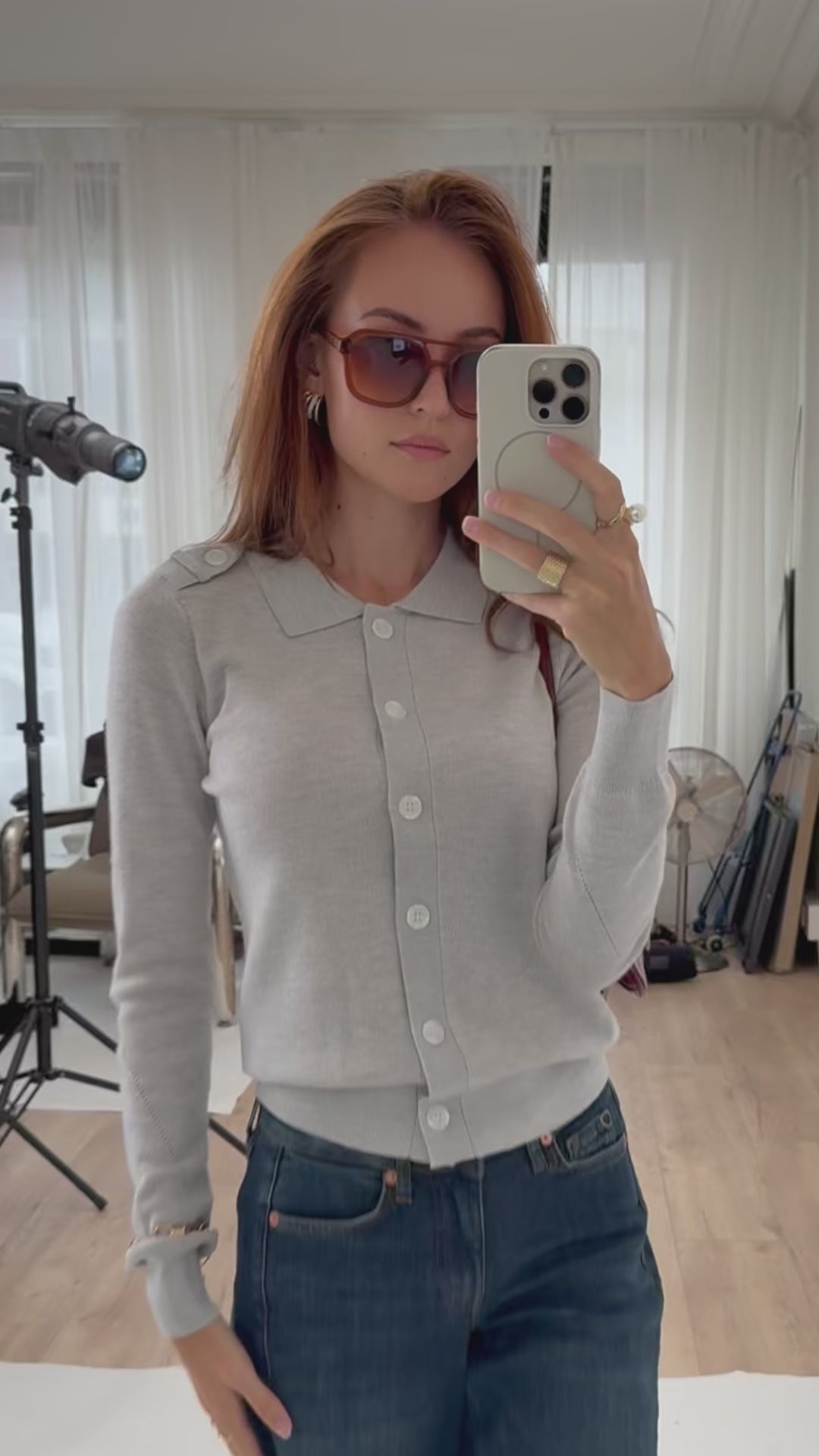 Polo-Collar Cardigan LES TREIZE Light Gray Melange